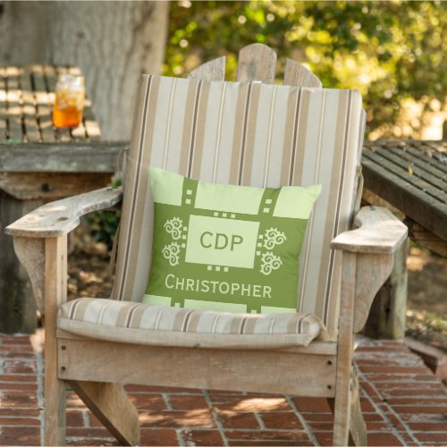 Dark and pale green initials name swirl shapes outdoor pillow