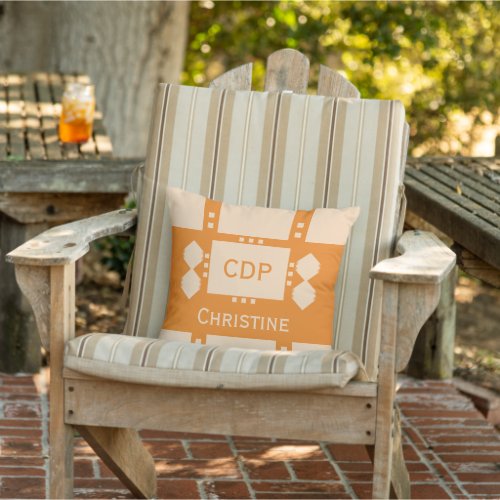 Dark and pale orange initials name diamond shapes outdoor pillow