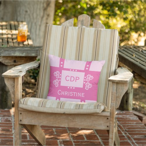Dark and pale pink initials name swirl shapes outdoor pillow