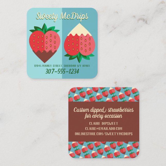 dark and white chocolate covered strawberry fruit  square business card (Front/Back)