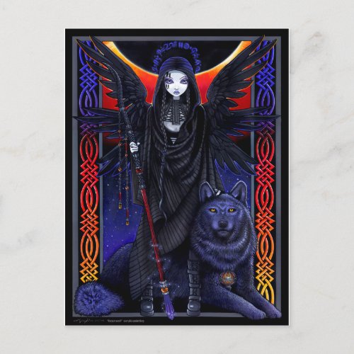 Dark angel and wolf  Rayvnwolf by Myka Jelina Postcard