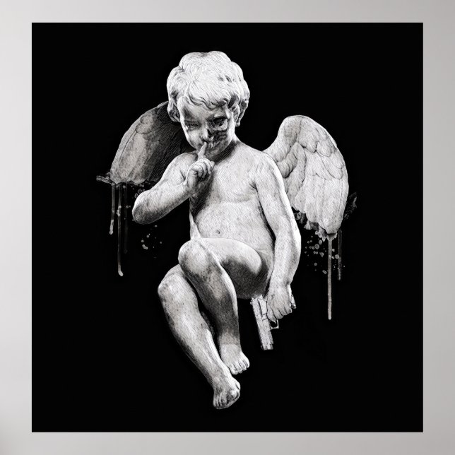 Dark angel illustration. Skull Tattoo Design. Blac Poster (Front)