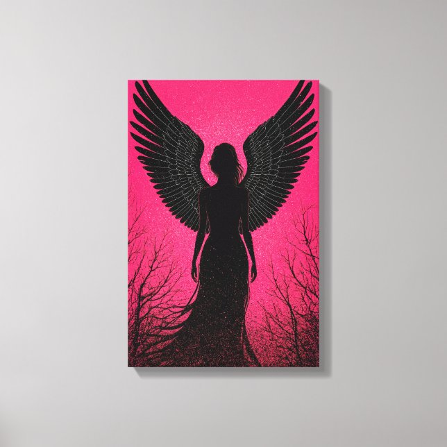 Dark Angel Silhouette Art with Neon Pink Vibes Canvas Print (Front)