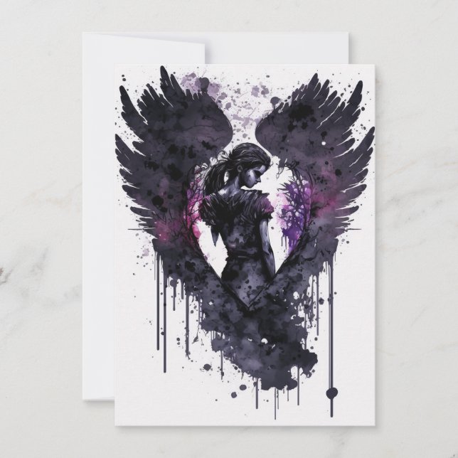 Dark Angel Valentine With Inky Dark Wings Holiday Card (Front)