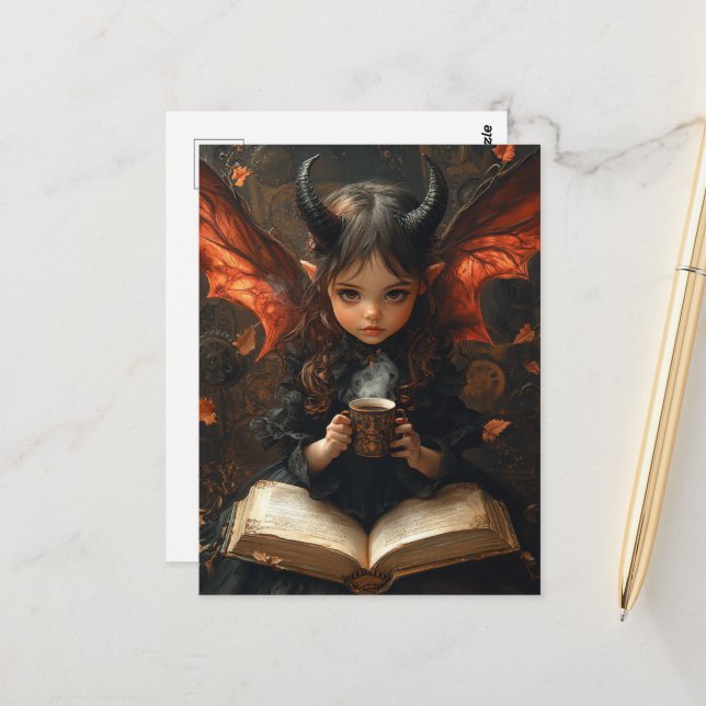 Dark Angel With Coffee and a Book Postcard (Front/Back In Situ)