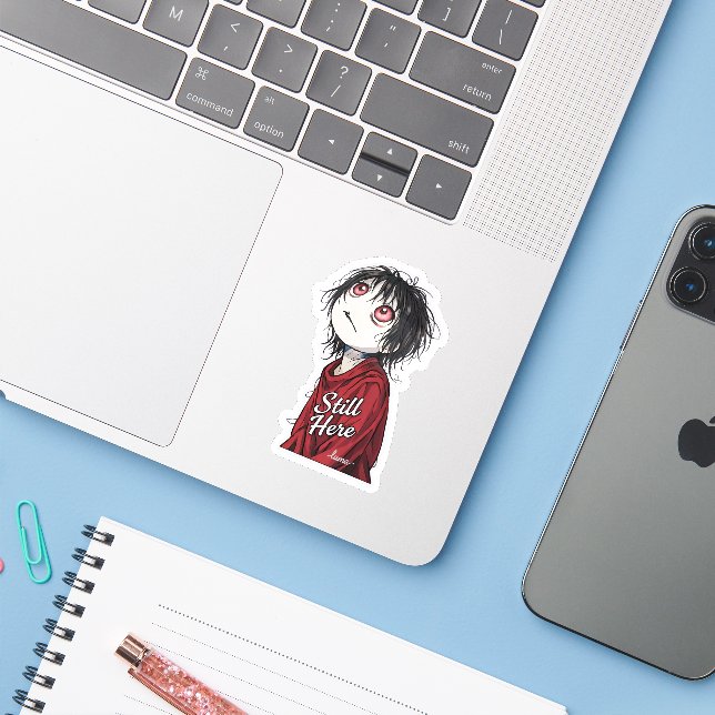 Dark Anime  "Still Here" Aesthetic Gothic Illustra Sticker (Laptop w/ iPhone)