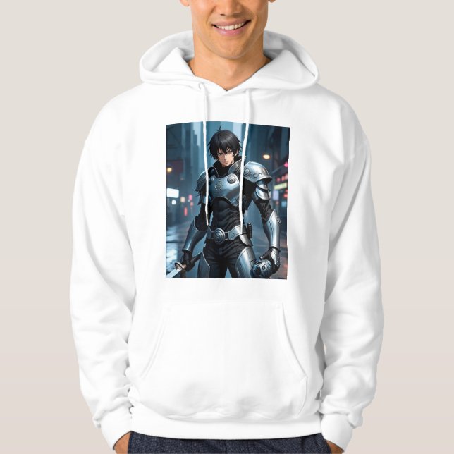 Dark Anime Warrior in Futuristic City – Cyberpunk  Hoodie (Front)