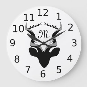 Dark Antelope Silhouette w Customized Monogram Large Clock