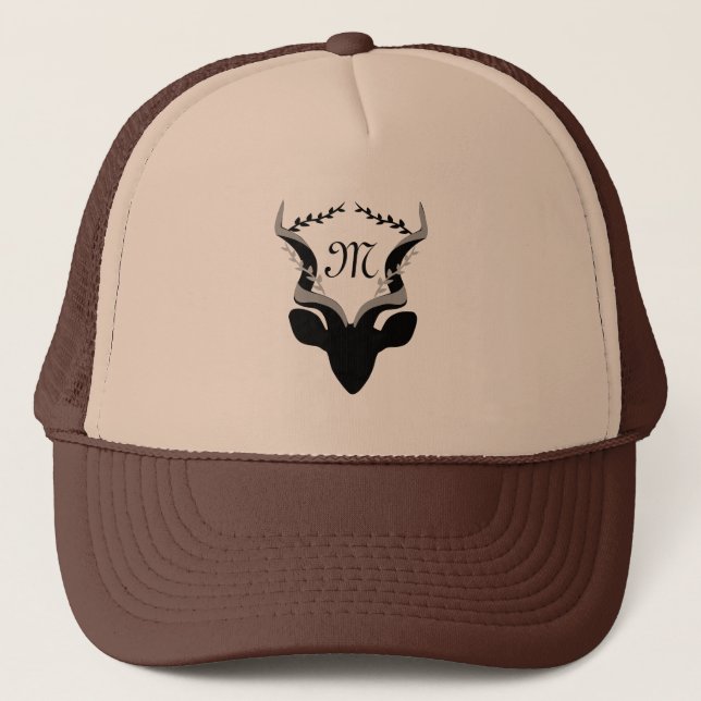 Dark Antelope Silhouette w Customized Monogram Trucker Hat (Front)