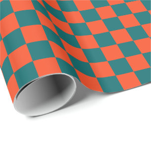 Dark Aqua Blue and Orange Coral Checkered Wrapping Paper