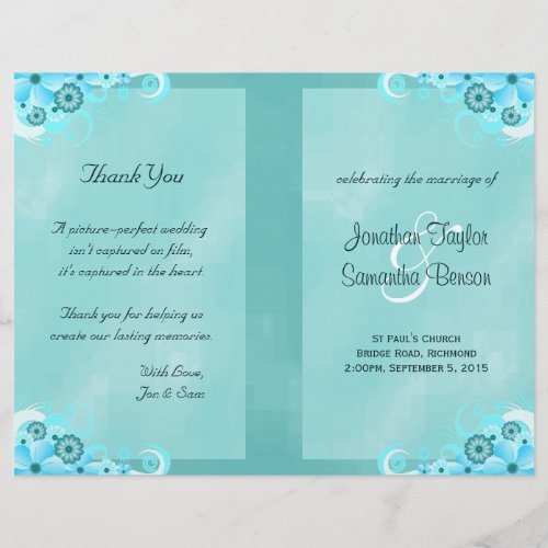 Dark Aqua Blue Floral Teal Bi_Fold Wedding Program