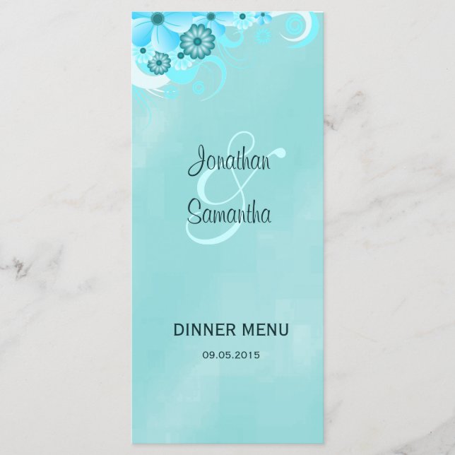Dark Aqua Blue Floral Wedding Dinner Menu Cards (Front)