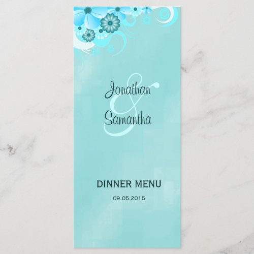 Dark Aqua Blue Floral Wedding Dinner Menu Cards