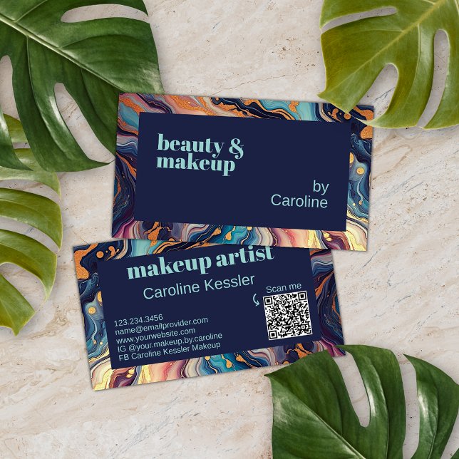 Dark Aqua Blue Purple Pink Gold Marble Art Pattern Business Card (Creator Uploaded)