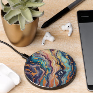 Dark Aqua Blue Purple Pink Gold Marble Art Pattern Wireless Charger