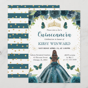 Dark Aqua Dress Brunette Princess Quinceanera Invitation
