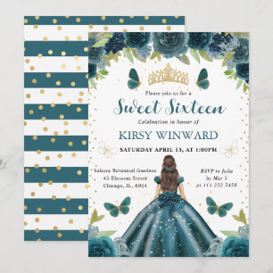 Dark Aqua Dress Brunette Princess Sweet 16 Invitation