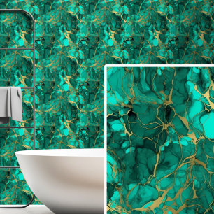 Dark Aqua Green Gold Marbled Wallpaper