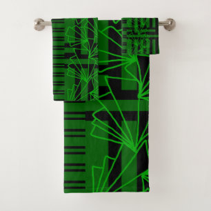 Dark Aqua Sea green doodle flower striped Bath Towel Set