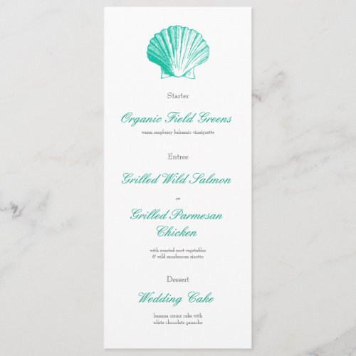 Dark Aqua Seashell Wedding Reception Dinner Menu Custom Invitation