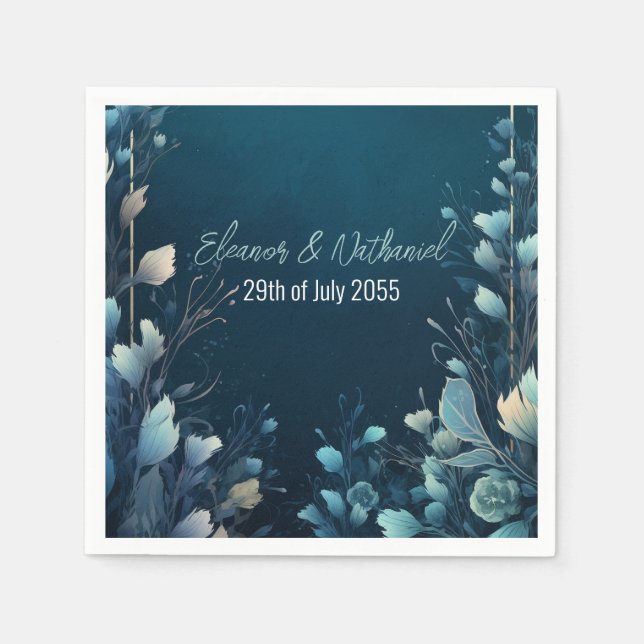 Dark Aquamarine and Teal Blue Floral Wedding Napkins (Front)