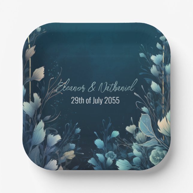 Dark Aquamarine and Teal Blue Floral Wedding Paper Plates (Front)