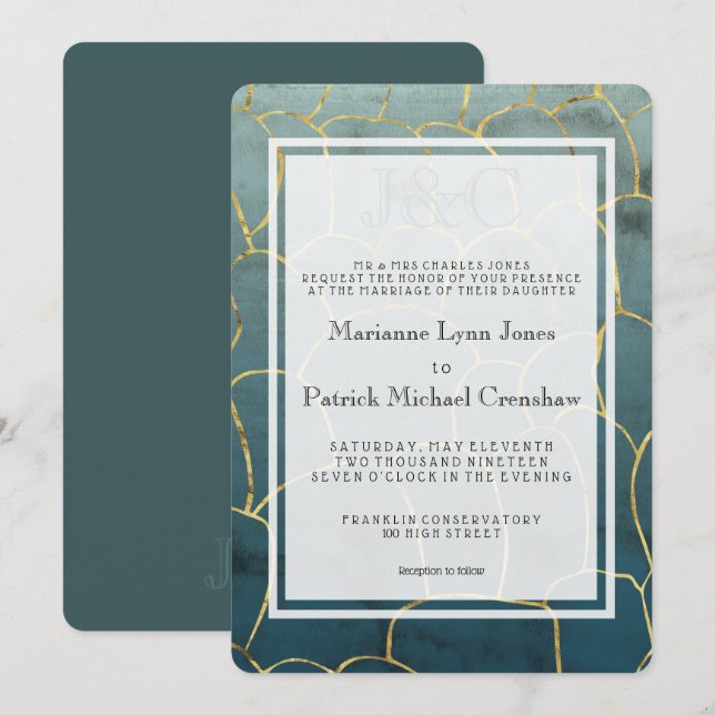 Dark Aquamarine Goldvein Modern Wedding Invitation (Front/Back)