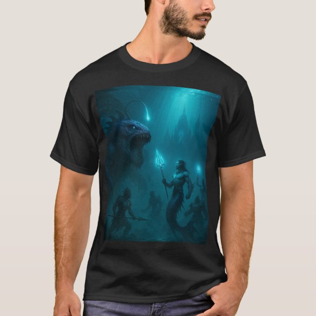 Dark Aquatic Warrior & Sea Beast Fantasy Art T-Shirt (Front)
