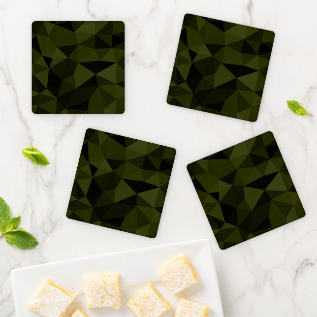 Dark army green black geometric mesh pattern cool  coaster set (In Situ)