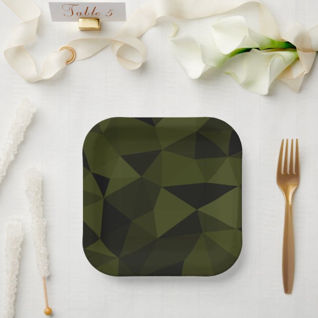 Dark army green black geometric mesh pattern cool  paper plates (Wedding)