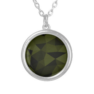 Dark army green black geometric mesh pattern cool  silver plated necklace