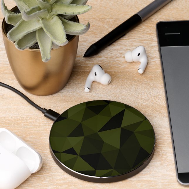 Dark army green black geometric mesh pattern cool  wireless charger  (Desk 2)