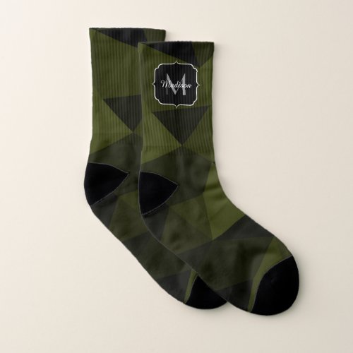 Dark army green black geometry pattern Monogram Socks