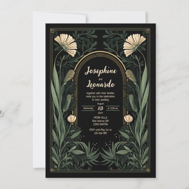 Dark Art Nouveau Botanical Wedding Invitation (Front)