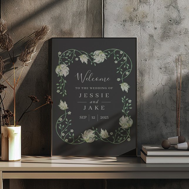 Dark Art nouveau floral wedding welcome sign (Elegant Art Nouveau-inspired floral wedding welcome sign set against a dark background.)