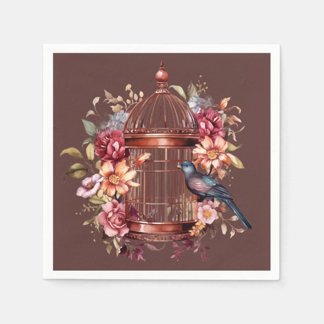 Dark Auburn Brown Blue Birdcage Shower Napkins (Front)