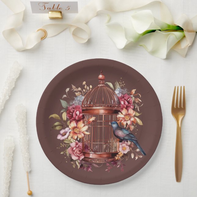 Dark Auburn Brown Pink Blue Birdcage Shower Paper Plates (Wedding)