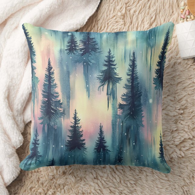 Dark Aurora Borealis Night Forest (10) Throw Pillow (Blanket)