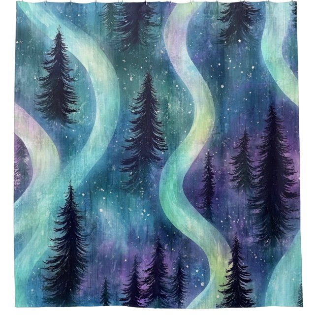 Dark Aurora Borealis Night Forest (3) Shower Curtain (Front)