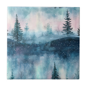 Dark Aurora Borealis Night Forest Ceramic Tile