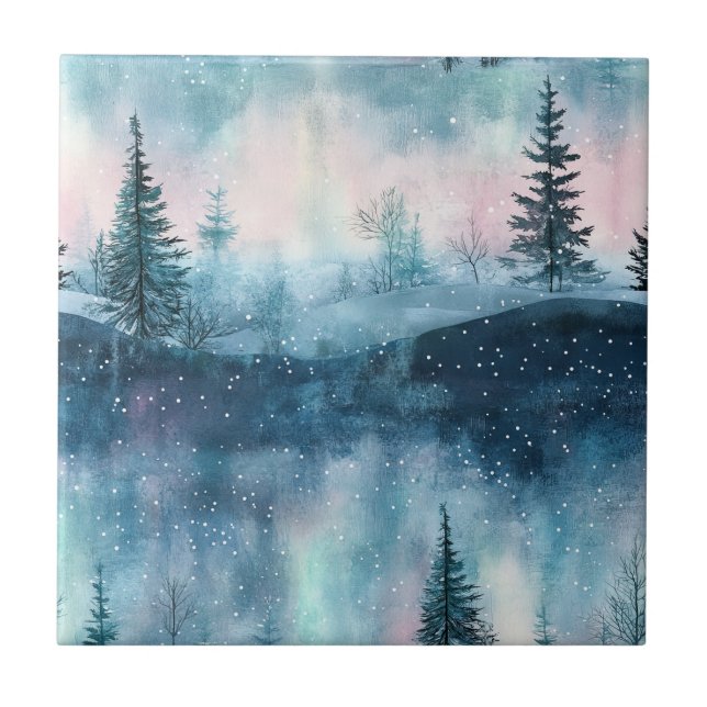 Dark Aurora Borealis Night Forest Ceramic Tile (Front)
