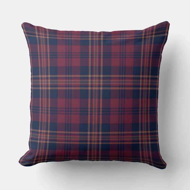 Dark Autumn Fall Cabin Navy Red Tartan Plaid Throw Pillow (Front)