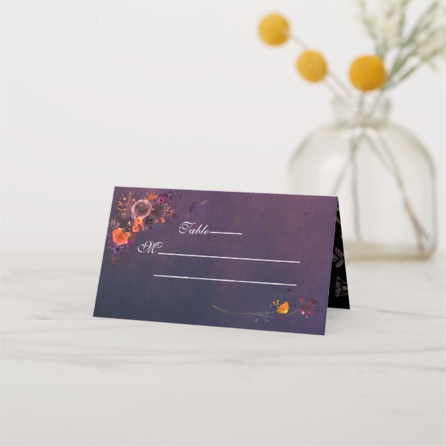 Dark Autumn Floral Gothic Monogram Purple Place Card (Front)