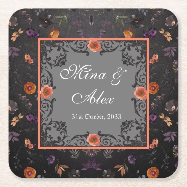 Dark Autumn Floral Personalized Wedding  Square Paper Coaster (Front)