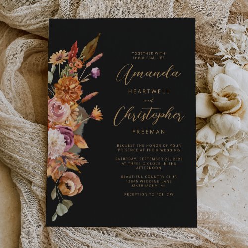 Dark Autumn Floral Script Wedding Invitation