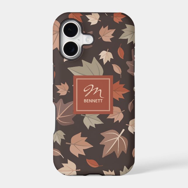 Dark Autumn Leaves Monogram Personalized iPhone Case (Back)