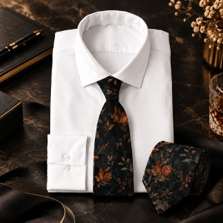 Dark Autumn Leaves Seamless Botanical Pattern Neck Tie