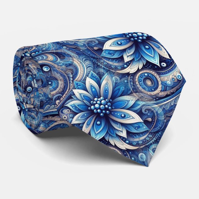 Dark Azure Navy Blue Black Paisley Art Pattern Neck Tie (Rolled)
