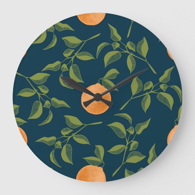 Dark Background Orange Citrus Branches Large Clock (Front)