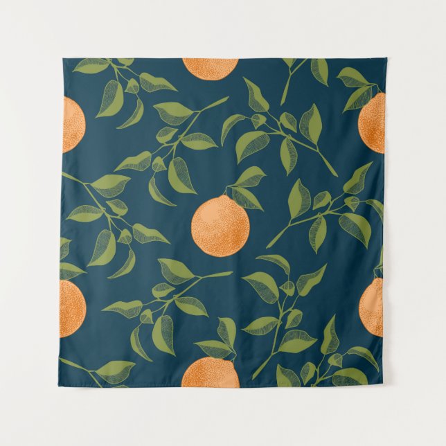 Dark Background Orange Citrus Branches Tapestry (Front)